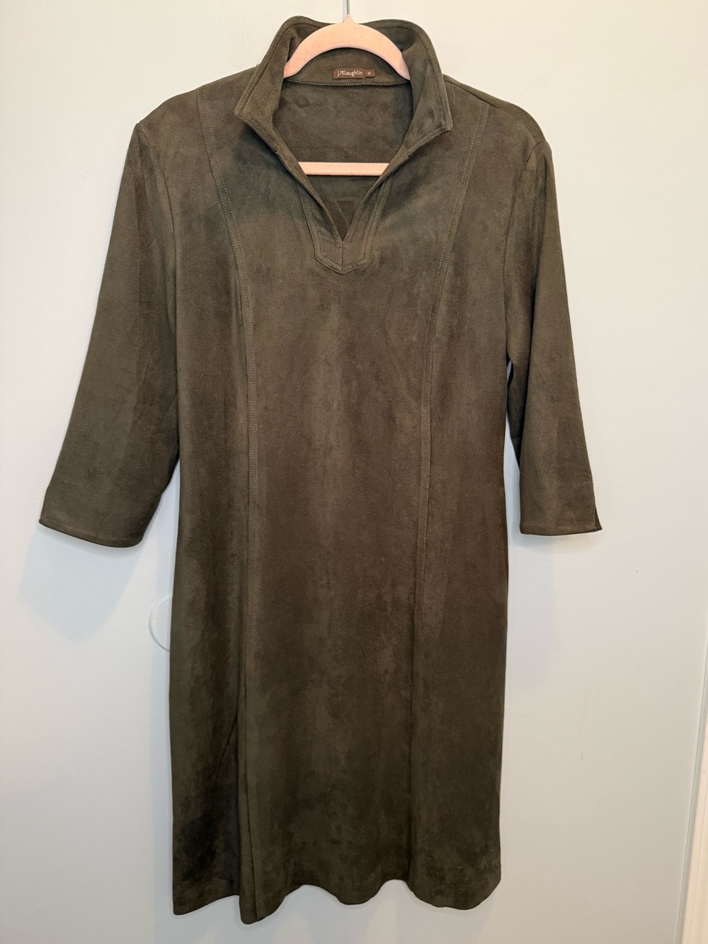 J McLaughlin Faux Suede Shift Dress Olive Green Medium Academia Winter Fall Mod